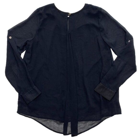 Another Story Tunic Blouse Top Women's MEDIUM Black Sheer Overlay Roll-Tab Scoop - Picture 9 of 10